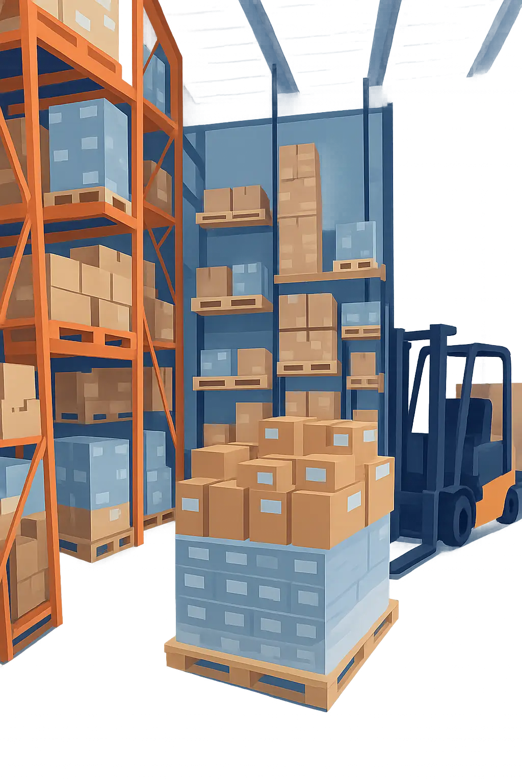 Illustrated warehouse with racked pallets, a wrapped pallet of cartons and a forklift