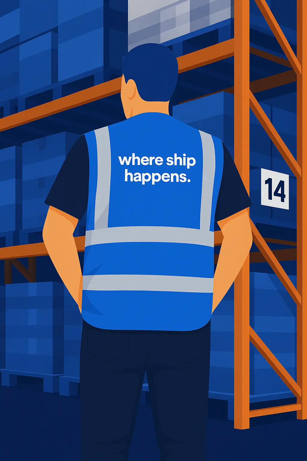 Farfill warehouse worker in a blue high-visibility vest printed with “where ship happens”