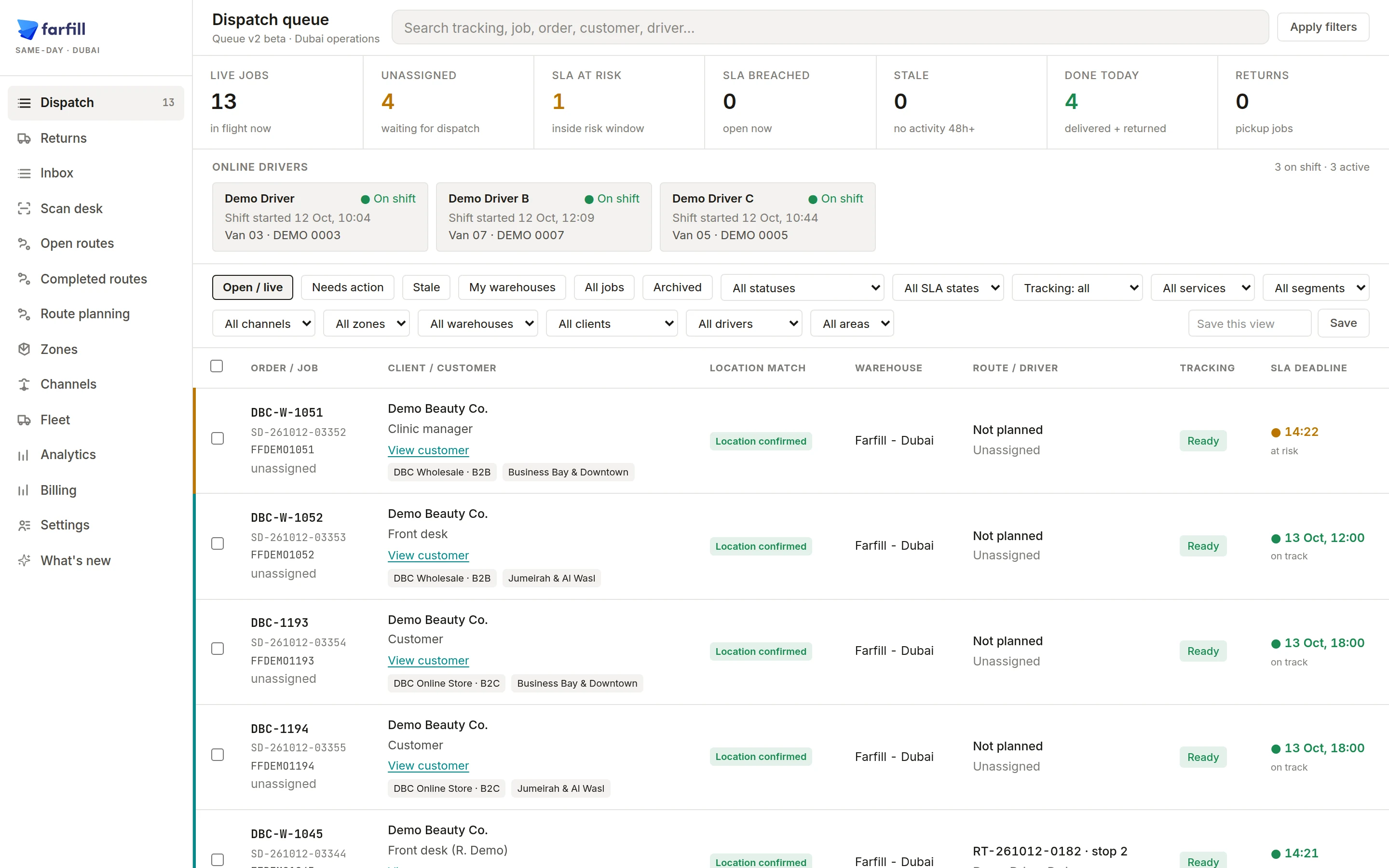 Farfill Shipping dispatch queue listing orders tagged by sales channel and segment, with filters for channel, client, zone and SLA