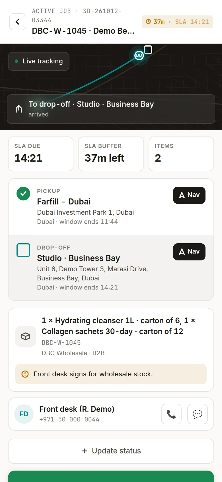 Driver app showing an active drop in Business Bay with the delivery window, time left, items and recipient